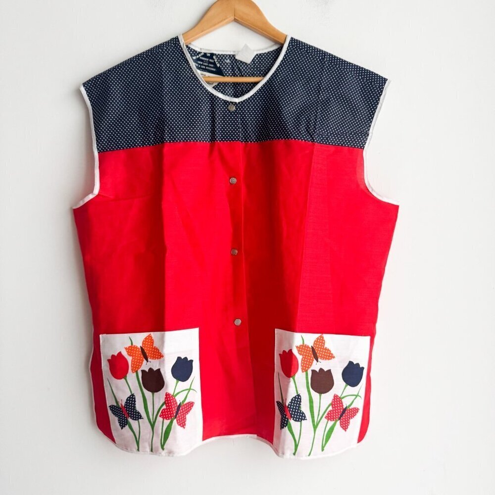 Vintage Dead-stock House Apron Top Button Down Floral Polka Dot XXL